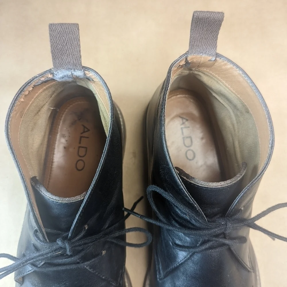 Aldo ankle boots men's size 14M black leather lace up. Some peeling inside liner